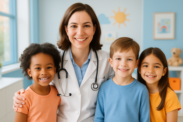 Pediatric doctor with diverse children