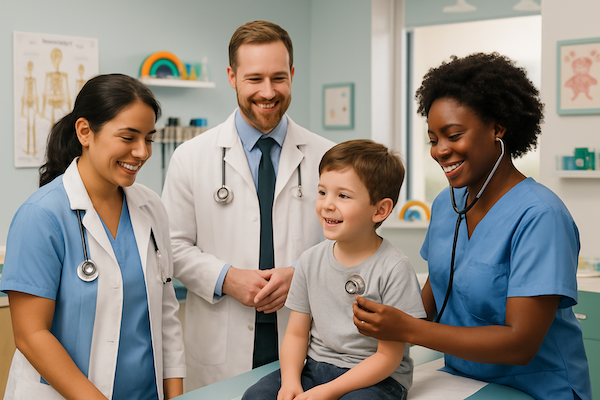 Diverse medical team helping children